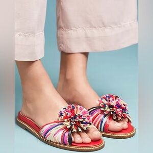 Jon Josef Red Slide Sandals with Multicolor Pom Detail